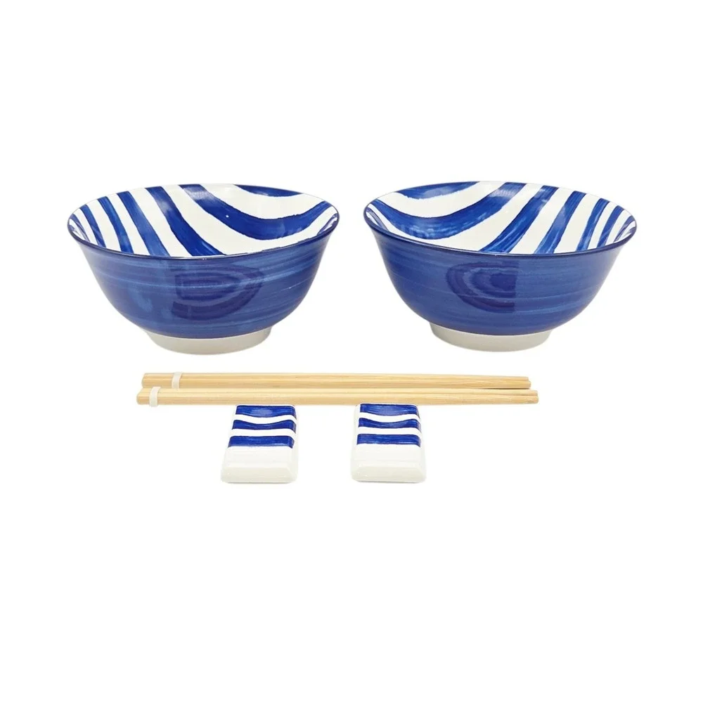Brandani Italy 8pc Ramen Noodle Soup Bowl Set of 2 Blue Porcelain w/ Chopsticks